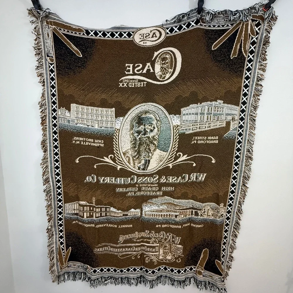 Vintage W.R. Case & Sons Cutlery Co. Woven Tapestry Throw Blanket Souvenir 48x60